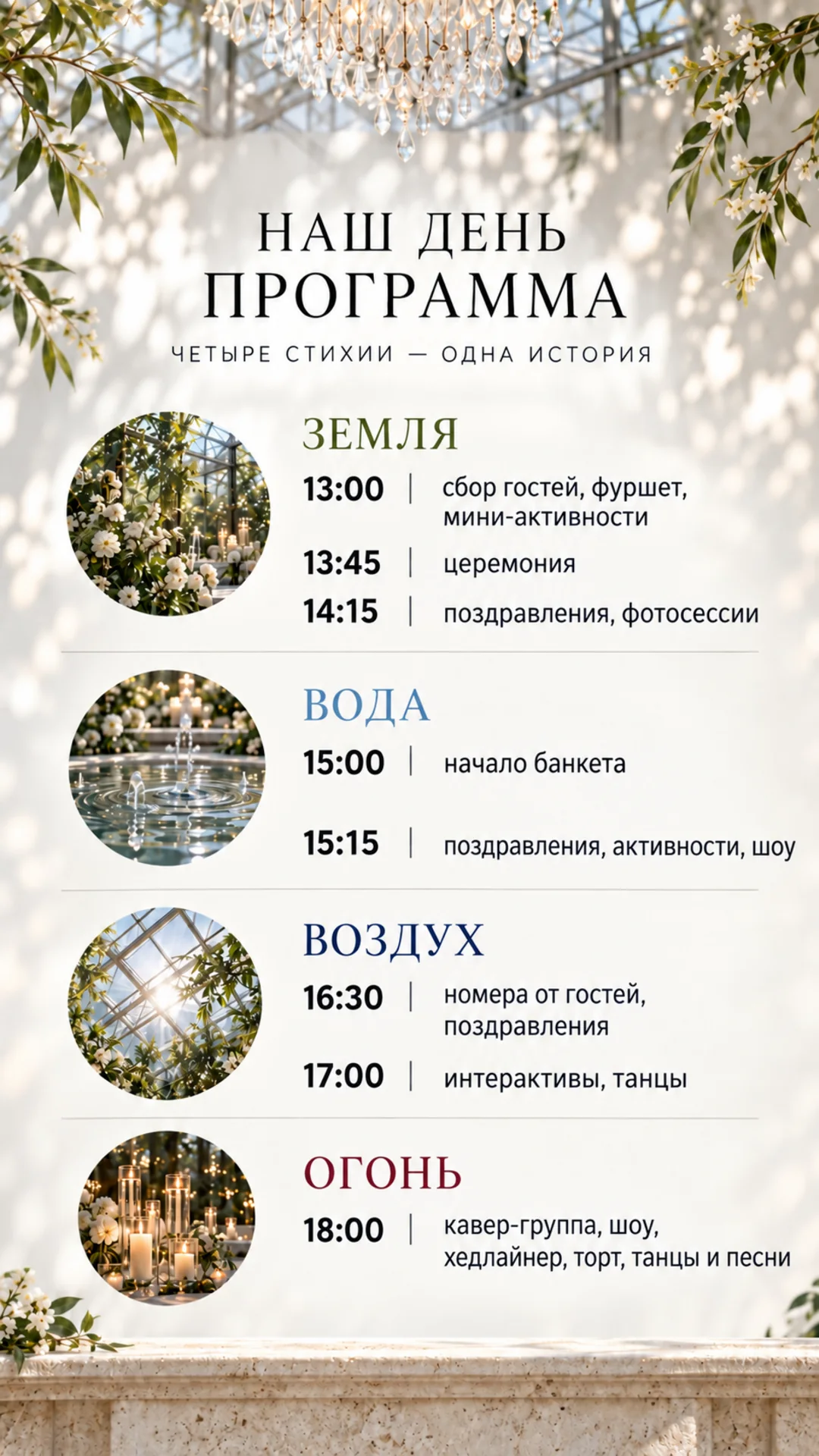 Наш день. Программа: четыре стихии — одна история. Земля: 13:00 сбор гостей, фуршет, мини-активности; 13:45 церемония; 14:15 поздравления, фотосессии. Вода: 15:00 начало банкета; 15:15 поздравления, активности, шоу. Воздух: 16:30 номера от гостей, поздравления; 17:00 интерактивы, танцы. Огонь: 18:00 кавер-группа, шоу, хедлайнер, торт, танцы и песни